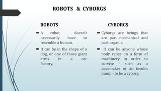 ROBOTS & CYBORGS
 A robot doesn't
necessarily have to
resemble a human.
 It can be in the shape of a
dog, or one of those giant
arms in a car
factory.
ROBOTS CYBORGS
 Cyborgs are beings that
are part mechanical and
part organic.
 It can be anyone whose
body relies on a form of
machinery in order to
survive - such as a
pacemaker or an insulin
pump - to be a cyborg.
 