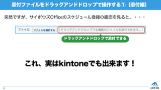 添付ファイルをドラッグアンドドロップで操作する①（添付編）
10
突然ですが、サイボウズOfficeのスケジュール登録の画面を見ると、・・・
ドラッグアンドドロップで添付できる
これ、実はkintoneでも出来ます！
 