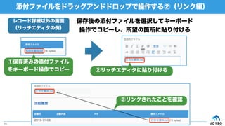 添付ファイルをドラッグアンドドロップで操作する②（リンク編）
15
レコード詳細以外の画面
（リッチエディタの例）
保存後の添付ファイルを選択してキーボード
操作でコピーし、所望の箇所に貼り付ける
①保存済みの添付ファイル
をキーボード操作でコピー ②リッチエディタに貼り付ける
③リンクされたことを確認
 