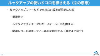 ルックアップの使いドコロを押さえる（②の恩恵）
21
• ルックアップフィールドで出来ない設定が可能になる
• 重複禁止
• ルックアップチェーンのキーフィールドに利用する
• 関連レコードのキーフィールドに利用する（其之４で紹介）
 