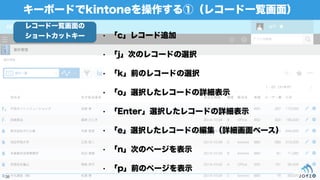 • 「c」レコード追加
• 「j」次のレコードの選択
• 「k」前のレコードの選択
• 「o」選択したレコードの詳細表示
• 「Enter」選択したレコードの詳細表示
• 「e」選択したレコードの編集（詳細画面ベース）
• 「n」次のページを表示
• 「p」前のページを表示
キーボードでkintoneを操作する①（レコード一覧画面）
38
レコード一覧画面の
ショートカットキー
 