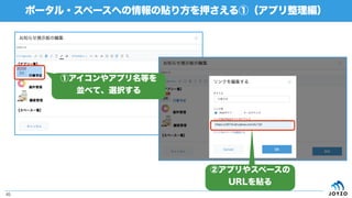 ポータル・スペースへの情報の貼り方を押さえる①（アプリ整理編）
45
①アイコンやアプリ名等を
並べて、選択する
②アプリやスペースの
URLを貼る
 
