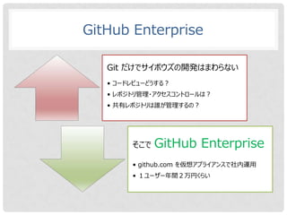 GitHub Enterprise

   Git だけでサイボウズの開発はまわらない
   • コードレビューどうする？
   • レポジトリ管理・アクセスコントロールは？
   • 共有レポジトリは誰が管理するの？




        ...