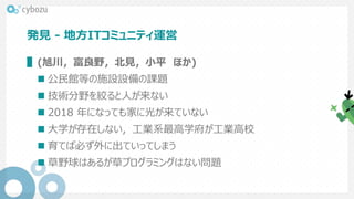 発見 - 地方ITコミュニティ運営
▌(旭川，富良野，北見，小平 ほか)
 公民館等の施設設備の課題
 技術分野を絞ると人が来ない
 2018 年になっても家に光が来ていない
 大学が存在しない，工業系最高学府が工業高校
 育てば必ず外に出ていってしまう
 草野球はあるが草プログラミングはない問題
 