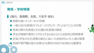 発見 - 学校現場
▌(旭川，富良野，北見，八王子 ほか)
 制限の強いインターネット回線
 一般における娯楽の「テレビ→スマホ」ワープによるパソコンの印象
 将来の夢の充実度と文化圏の充実度の関係
 学生が情報や場所にアクセスするためのコストとお財布と時間事情
 生徒/学生の文化背景の進化に追いつく余裕がない大人達の環境
 地域や専門職の協力を得られる教科/科目であり続ける重要性
 