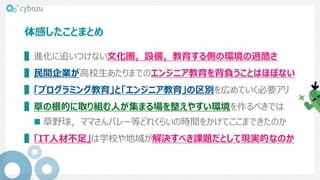 体感したことまとめ
▌進化に追いつけない文化圏，設備，教育する側の環境の過酷さ
▌民間企業が高校生あたりまでのエンジニア教育を背負うことはほぼない
▌「プログラミング教育」と「エンジニア教育」の区別を広めていく必要アリ
▌草の根的に取り組む人が集まる場を整えやすい環境を作るべきでは
 草野球，ママさんバレー等どれくらいの時間をかけてここまできたのか
▌「IT人材不足」は学校や地域が解決すべき課題だとして現実的なのか
 