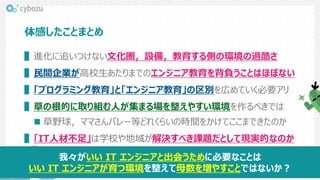 体感したことまとめ
▌進化に追いつけない文化圏，設備，教育する側の環境の過酷さ
▌民間企業が高校生あたりまでのエンジニア教育を背負うことはほぼない
▌「プログラミング教育」と「エンジニア教育」の区別を広めていく必要アリ
▌草の根的に取り組む人が集まる場を整えやすい環境を作るべきでは
 草野球，ママさんバレー等どれくらいの時間をかけてここまできたのか
▌「IT人材不足」は学校や地域が解決すべき課題だとして現実的なのか
我々がいい IT エンジニアと出会うために必要なことは
いい IT エンジニアが育つ環境を整えて母数を増やすことではないか？
 