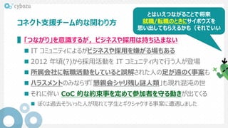 コネクト支援チーム的な関わり方
▌「つながり」を意識するが，ビジネスや採用は持ち込まない
 IT コミュニティによるがビジネスや採用を嫌がる場もある
 2012 年頃(?)から採用活動を IT コミュニティ内で行う人が登場
 所属会社に転職活動をしていると誤解された人の足が遠のく事案も
 ハラスメントのみならず「懇親会シャリ残し謎人類」も現れ混沌の世
 それに伴い CoC 的な約束事を定めて参加者を守る動きが出てくる
 ぼくは過去そういった人が現れて学生とギクシャクする事案に遭遇しました
とはいえつながることで将来
就職/転職のときにサイボウズを
思い出してもらえるかも（それでいい
 