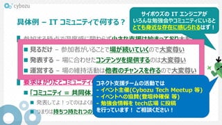 具体例 – IT コミュニティで何する？
▌参加する時点で温度感に関わらず小さな支援は始まっており大変尊い
 見るだけ – 参加者がいることで場が続いていくので大変尊い
 発表する – 場に合わせたコンテンツを提供するのは大変尊い
 運営する – 場の維持活動は他者のチャンスを作るので大変尊い
▌要求ばかりだとコミュニティらしくない（ちょっと説明雑でよくないな）
 「コミュニティ = 共同体」なのでお客様はいない
 発表してよ！ってのはよくある（でも場を作ってる人からの声掛けが多いと思う
 つまりは持ちつ持たれつの関係でないと負荷分散が歪になって場が崩れる
サイボウズの IT エンジニアが
いろんな勉強会やコミュニティにいると
とても身近な存在に感じられるはず！
コネクト支援チームの活動では
- イベント主催(Cybozu Tech Meetup 等)
- イベントへの協賛(登壇枠確保 等)
- 勉強会情報を tech広場 に投稿
を行っています！ ご相談ください！
 