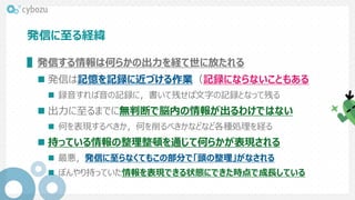 発信に至る経緯
▌発信する情報は何らかの出力を経て世に放たれる
 発信は記憶を記録に近づける作業（記録にならないこともある
 録音すれば音の記録に，書いて残せば文字の記録となって残る
 出力に至るまでに無判断で脳内の情報が出るわけではない
 何を表現するべきか，何を削るべきかなどなど各種処理を経る
 持っている情報の整理整頓を通じて何らかが表現される
 最悪，発信に至らなくてもこの部分で「頭の整理」がなされる
 ぼんやり持っていた情報を表現できる状態にできた時点で成長している
 