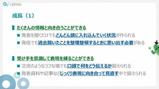 成長（1）
▌たくさんの情報と向き合うことができる
 発表を聞くだけでもどんどん頭に入れ込んでいく状況が作られる
 発信でも過去聞いたことを整理整頓するときに思い出す必要がある
▌受け手を意識して表現を練ることができる
 交流のようなラフな場でも口頭で何をどう伝えるか鍛えられる
 発表資料や記事などじっくり表現に向き合って見直す中で鍛えられる
 