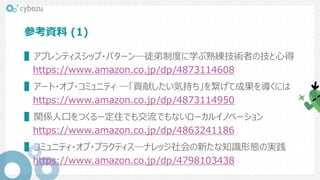 参考資料 (1)
▌アプレンティスシップ・パターン―徒弟制度に学ぶ熟練技術者の技と心得
https://www.amazon.co.jp/dp/4873114608
▌アート・オブ・コミュニティ ―「貢献したい気持ち」を繋げて成果を導くには
https://www.amazon.co.jp/dp/4873114950
▌関係人口をつくるー定住でも交流でもないローカルイノベーション
https://www.amazon.co.jp/dp/4863241186
▌コミュニティ・オブ・プラクティス―ナレッジ社会の新たな知識形態の実践
https://www.amazon.co.jp/dp/4798103438
 