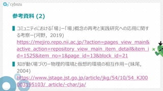 参考資料 (2)
▌コミュニティにおける「場」ー「場」概念の再考と実践研究への応用に関す
る考察ー(河野，2019)
https://mejiro.repo.nii.ac.jp/?action=pages_view_main&
active_action=repository_view_main_item_detail&item_i
d=1525&item_no=1&page_id=13&block_id=21
▌知が動く場づくりー物理的環境と仮想的環境の相互作用ー(妹尾，
2004)
https://www.jstage.jst.go.jp/article/jkg/54/10/54_KJ00
003195103/_article/-char/ja/
 