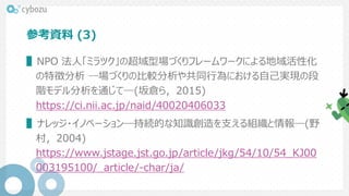 参考資料 (3)
▌NPO 法人「ミラツク」の超域型場づくりフレームワークによる地域活性化
の特徴分析 ―場づくりの比較分析や共同行為における自己実現の段
階モデル分析を通じて―(坂倉ら，2015)
https://ci.nii.ac.jp/naid/40020406033
▌ナレッジ・イノベーション―持続的な知識創造を支える組織と情報―(野
村，2004)
https://www.jstage.jst.go.jp/article/jkg/54/10/54_KJ00
003195100/_article/-char/ja/
 