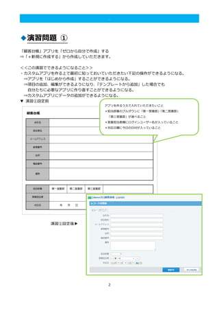 2
.
◆演習問題 ①
「顧客台帳」アプリを「ゼロから自分で作成」する
⇒「＋新規に作成する」から作成していただきます。
＜＜この演習でできるようになること＞＞
・カスタムアプリを作る上で最初に知っておいていただきたい下記の操作ができるようになる。
⇒アプリを「はじめから作成」することができるようになる。
⇒項目の追加、編集ができるようになり、「テンプレートから追加」した場合でも
自分たちに必要なアプリに作り直すことができるようになる。
⇒カスタムアプリにデータの追加ができるようになる。
▼ 演習①設定前
演習①設定後▶
アプリを作るうえで入れていただきたいこと
＊担当部署のプルダウンに「第一営業部」「第二営業部」
「第三営業部」が選べること
＊営業担当者欄にログインユーザー名が入っていること
＊対応日欄に今日の日付が入っていること
 