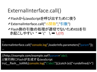 ExternalInterface.call()
FlashからJavaScriptを呼び出すために使う
ExternalInterface.call("JS関数","引数")
Flash側の引数の処理が適切でないためXSSを引
き起こしやすい...