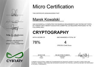 Dean Pompilio
John Martin
John Oyeleke
Kelly Handerhan
CREATED AND BACKED BY
THE CYBRARY
EDUCATIONAL COMMITTEE*
Micro Certification
THIS CERTIFICATE ACKNOWLEDGES THAT
Marek Kowalski
HAS SUCCESSFULLY COMPLETED THE RIGOROUS REQUIREMENTS AND TESTING SET FORTH
BY CYBRARY AND CYBRARY’S EDUCATION COMMITTEE, ESTABLISHING PROFICIENCY IN THE
FOLLOWING SKILL
CRYPTOGRAPHY
WITH A SCORE OF AND AWARDED A TOTAL OF
78% 4
CPE/CEU Credit Hours
2018-01-09
Date
Passed
SC-3b12160c15-90916
Certification
Number
Ralph P. Sita
CEO
*CYBRARY’S EDUCATIONAL COMMITTEE IS REPRESENTED BY INDUSTRY LEADING IT SECURITY CONSULTANTS AND
TECHNICAL TRAINERS. THEIR SIGNATURE REPRESENTS SUPPORT FOR THIS SKILL CERTIFICATION AND THE PROFICIENCY
IN THE SKILL IT REPRESENTS
 