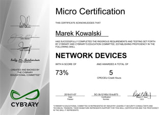 Dean Pompilio
John Martin
John Oyeleke
Kelly Handerhan
CREATED AND BACKED BY
THE CYBRARY
EDUCATIONAL COMMITTEE*
Micro Certification
THIS CERTIFICATE ACKNOWLEDGES THAT
Marek Kowalski
HAS SUCCESSFULLY COMPLETED THE RIGOROUS REQUIREMENTS AND TESTING SET FORTH
BY CYBRARY AND CYBRARY’S EDUCATION COMMITTEE, ESTABLISHING PROFICIENCY IN THE
FOLLOWING SKILL
NETWORK DEVICES
WITH A SCORE OF AND AWARDED A TOTAL OF
73% 5
CPE/CEU Credit Hours
2018-01-07
Date
Passed
SC-3b12160c15-bc873
Certification
Number
Ralph P. Sita
CEO
*CYBRARY’S EDUCATIONAL COMMITTEE IS REPRESENTED BY INDUSTRY LEADING IT SECURITY CONSULTANTS AND
TECHNICAL TRAINERS. THEIR SIGNATURE REPRESENTS SUPPORT FOR THIS SKILL CERTIFICATION AND THE PROFICIENCY
IN THE SKILL IT REPRESENTS
 