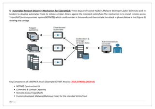 13 | P a g e
S) Automated Network Discovery Mechanism for Cyberattack: These days professional Hackers,Malware developers,Cyber Criminals work in
tandem to develop automated Tools to initiate a Cyber Attack against the intended victim/host.The mechanism is to install remote access
Trojan(RAT) on compromised system(BOTNETS) which could number in thousands and then initiate the attack in phases.Below is the (Figure-3)
showing the concept
Key Components of a BOTNET Attack (Example BOTNET Attacks : ZEUS,CITADEL,GO ZEUS)
 BOTNET Construction Kit
 Command & Control Capability
 Remote Access Trojan(RAT)
 Custom developed Malware(Malicious Code) for the intended Victim/Host
 