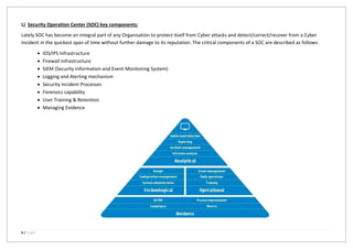 8 | P a g e
L) Security Operation Center (SOC) key components:
Lately SOC has become an integral part of any Organisation to protect itself from Cyber attacks and detect/correct/recover from a Cyber
Incident in the quickest span of time without further damage to its reputation. The critical components of a SOC are described as follows:
 IDS/IPS Infrastructure
 Firewall Infrastructure
 SIEM (Security Information and Event Monitoring System)
 Logging and Alerting mechanism
 Security Incident Processes
 Forensics capability
 User Training & Retention
 Managing Evidence
 