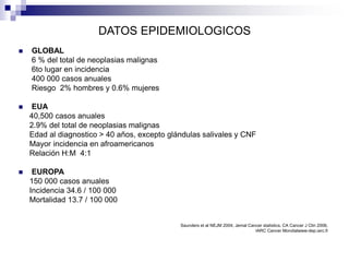 DATOS EPIDEMIOLOGICOS
 GLOBAL
6 % del total de neoplasias malignas
6to lugar en incidencia
400 000 casos anuales
Riesgo 2% hombres y 0.6% mujeres
 EUA
40,500 casos anuales
2.9% del total de neoplasias malignas
Edad al diagnostico > 40 años, excepto glándulas salivales y CNF
Mayor incidencia en afroamericanos
Relación H:M 4:1
 EUROPA
150 000 casos anuales
Incidencia 34.6 / 100 000
Mortalidad 13.7 / 100 000
Saunders et al NEJM 2004, Jemal Cancer statistics. CA Cancer J Clin 2006,
IARC Cancer Mondialwww-dep.iarc.fr
 