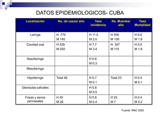 DATOS EPIDEMIOLOGICOS- CUBA
Localización No. de casos/ año Tasa
incidencia
No. Muertes/
año
Tasa
Mortalidad
Laringe H 770
M 145
H 11.5
M 2.0
H 556
M 108
H 9.0
M 1.8
Cavidad oral H 539
M 250
H 7.7
M 3.4
H 307
M 115
H 5.0
M 1.8
Nasofaringe H 0.8
M 0.3
Mesofaringe
Hipofaringe Total 48 H 0.7
M 0.1
Total 23 H 0.4
M 0.1
Glandulas salivales H 0.8
M 0.5
Fosas y senos
perinasales
H 45
M 26
H 0.8
M 0.4
H 25
M 7
H 0.4
M 0.2
Fuente: RNC 2005
 