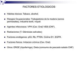 FACTORES ETIOLOGICOS
 Hábitos tóxicos: Tabaco, alcohol.
 Riesgos Ocupacionales: Trabajadores de la madera (senos
perinasales), industria textil, níquel.
 Agentes infecciosos: VPH (Cav. Oral) VEB (CNF).
 Radiaciones (T. Glándulas salivales)
 Factores endógenos: p53, Rb, PTEN, Ciclina D1, EGFR.
 Factores fisicos: Irritacion crónica (Cav. Oral)
 Otros: ERGE (hipofaringe), Dieta (consumo de pescado salado CNF)
 