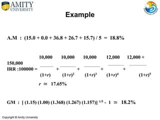 A.M : (15.0 + 0.0 + 36.8 + 26.7 + 15.7) / 5 = 18.8%
10,000 10,000 10,000 12,000 12,000 +
150,000
IRR :100000 = + + + +
(1+r) (1+r)2 (1+r)3 (1+r)4 (1+r)5
r ≃ 17.65%
GM : [ (1.15) (1.00) (1.368) (1.267) (1.157)] 1/5 - 1 ≃ 18.2%
Example
 