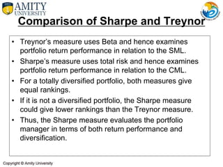 • Treynor’s measure uses Beta and hence examines
portfolio return performance in relation to the SML.
• Sharpe’s measure uses total risk and hence examines
portfolio return performance in relation to the CML.
• For a totally diversified portfolio, both measures give
equal rankings.
• If it is not a diversified portfolio, the Sharpe measure
could give lower rankings than the Treynor measure.
• Thus, the Sharpe measure evaluates the portfolio
manager in terms of both return performance and
diversification.
Comparison of Sharpe and Treynor
 