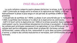 Le cycle cellulaire comporte quatre phases distinctes: la mitose, la G1, S, et la G2.
- GAP 1 (intervalle de temps entre la mitose et la réplication de l‘ADN). La G1 est
habituellement la phase la plus longue et une période de synthèse d’ARN et des
protéines.
- S (la période de synthèse de l'ADN). La phase S est caractérisée par la réplication de
l'ADN, la synthèse des histones et le début de la duplication du centrosome.
- GAP 2 (l'écart entre la duplication de l'ADN et la mitose suivante). Dans la phase G2
relativement courte, les protéines nécessaires à la mitose s'accumulent. À mesure que
les cellules post mitotiques commencent à se spécialiser et à se différencier, les
cellules sont parfois désignées comme étant en phase G0. Certaines cellules
différenciées, comme celles du foie, renouvellent le cycle dans certaines conditions ;
d'autres, y compris des cellules musculaires et nerveuses, sont différenciées en phase
terminale.
CYCLE CELLULAIRE
 