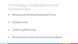 Technology is Integrated Into the
Common Core.
➢ Reading and Writing Multimodal Texts
➢ Collaboration
➢ Collecting Resources
➢ Sharing information and Soliciting Feedback
 