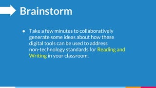 Brainstorm
● Take a few minutes to collaboratively
generate some ideas about how these
digital tools can be used to address
non-technology standards for Reading and
Writing in your classroom.
 