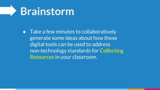 Brainstorm
● Take a few minutes to collaboratively
generate some ideas about how these
digital tools can be used to address
non-technology standards for Collecting
Resources in your classroom.
 