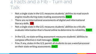 4 Facts and a Fib - Turn and
Talk
▷ Not a single state in the U.S. measures students’ abilities to read search
engine results during state reading assessments. FACT
▷ There are no international assessments of digital and informational
literacy skills. FIB
▷ Not a single state in the U.S. measures students’ abilities to critically
evaluate information that is found online to determine its reliability. FACT
▷ In the U.S., no state writing assessment measures students’ abilities to
compose effective e-mail messages. FACT
▷ Few, if any, states in the U.S. permit all students to use a word processor
on their state writing assessments. FACT
 