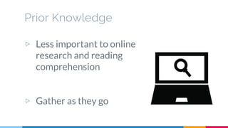 Prior Knowledge
▷ Less important to online
research and reading
comprehension
▷ Gather as they go
 