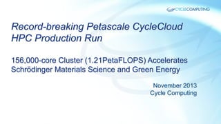 Record-breaking Petascale CycleCloud
HPC Production Run
156,000-core Cluster (1.21PetaFLOPS) Accelerates
Schrödinger Materials Science and Green Energy
November 2013
Cycle Computing

 