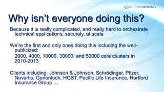 Why isn’t everyone doing this?
Because it is really complicated, and really hard to orchestrate
technical applications, securely, at scale
We’re the first and only ones doing this including the wellpublicized:
2000, 4000, 10000, 30000, and 50000 core clusters in
2010-2013
Clients including: Johnson & Johnson, Schrödinger, Pfizer,
Novartis, Genentech, HGST, Pacific Life Insurance, Hartford
Insurance Group …

 