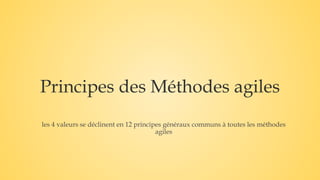 Principes des Méthodes agiles
les 4 valeurs se déclinent en 12 principes généraux communs à toutes les méthodes
agiles
 