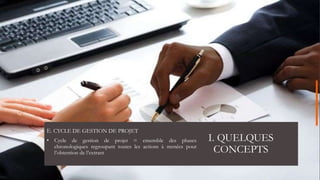 I. QUELQUES
CONCEPTS
E. CYCLE DE GESTION DE PROJET
• Cycle de gestion de projet = ensemble des phases
chronologiques regroupant toutes les actions à menées pour
l’obtention de l’extrant
 