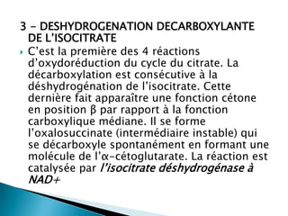 3 - DESHYDROGENATION DECARBOXYLANTE DE L’ISOCITRATEC’est la première des 4 réactions d’oxydoréduction du cycle du citrate. La décarboxylation est consécutive à la déshydrogénation de l’isocitrate. Cette dernière fait apparaître une fonction cétone en position βpar rapport à la fonction carboxylique médiane. Il se forme l’oxalosuccinate (intermédiaire instable) qui se décarboxyle spontanément en formant une molécule de l’α-cétoglutarate. La réaction est catalysée par l’isocitratedéshydrogénase à NAD+