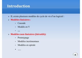 Introduction



IL existe plusieurs modèles de cycle de vie d’un logiciel :
Modèles linéaires :
• Cascade
•
•



Modèle en V
…

Modèles non-linéaires (itératifs):
• Prototypage
•

Modèles incrémentaux

•

Modèles en spirale

•

….
4

 