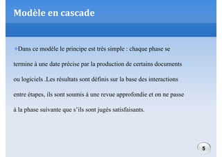 Modèle en cascade

Dans ce modèle le principe est très simple : chaque phase se
termine à une date précise par la production de certains documents
ou logiciels .Les résultats sont définis sur la base des interactions
entre étapes, ils sont soumis à une revue approfondie et on ne passe
à la phase suivante que s’ils sont jugés satisfaisants.

5

 