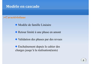 Modèle en cascade

Modèle de famille Linéaire
Retour limité à une phase en amont
Validation des phases par des revues
Enchaînement depuis le cahier des
charges jusqu’à la réalisation(tests)

7

 