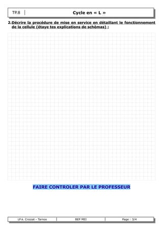 TP.8                        Cycle en « L »

2.Décrire la procédure de mise en service en détaillant le fonctionnement
  de la cellule (étaye tes explications de schémas) :




                 FAIRE CONTROLER PAR LE PROFESSEUR




      LP A. Croizat - Tarnos     BEP MEI                Page : 3/4
B
 