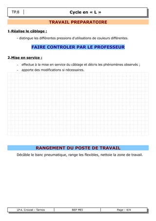 TP.8                                  Cycle en « L »

                               TRAVAIL PREPARATOIRE

1.Réalise le câblage :

      - distingue les différentes pressions d'utilisations de couleurs différentes.

                 FAIRE CONTROLER PAR LE PROFESSEUR

2.Mise en service :

      –    effectue à la mise en service du câblage et décris les phénomènes observés ;
      –    apporte des modifications si nécessaires.




                    RANGEMENT DU POSTE DE TRAVAIL
      Décâble le banc pneumatique, range les flexibles, nettoie la zone de travail.




      LP A. Croizat - Tarnos                BEP MEI                        Page : 4/4
B
 