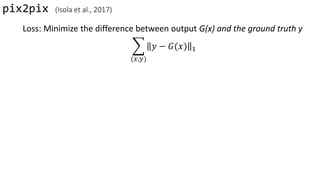 pix2pix (Isola et al., 2017)
Loss: Minimize the difference between output G(x) and the ground truth y
෍
(𝑥,𝑦)
𝑦 − 𝐺(𝑥) 1
 
