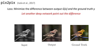 pix2pix (Isola et al., 2017)
Loss: Minimize the difference between output G(x) and the ground truth y
Let another deep network point out the difference
 