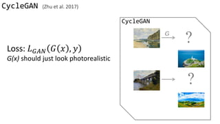 CycleGAN (Zhu et al. 2017)
CycleGAN
?
?
G
Loss: 𝐿 𝐺𝐴𝑁 𝐺 𝑥 , 𝑦
G(x) should just look photorealistic
 