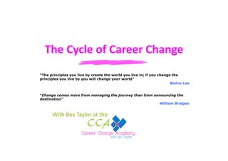 The	
  Cycle	
  of	
  Career	
  Change	
  	
  
“The principles you live by create the world you live in; if you change the
principles you live by you will change your world”
Blaine Lee
“Change comes more from managing the journey than from announcing the
destination”
William Bridges

With	
  Bev	
  Taylor	
  at	
  the	
  	
  	
  	
  

	
  

 