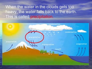 When the water in the clouds gets too
heavy, the water falls back to the earth.
This is called precipitation.
 
